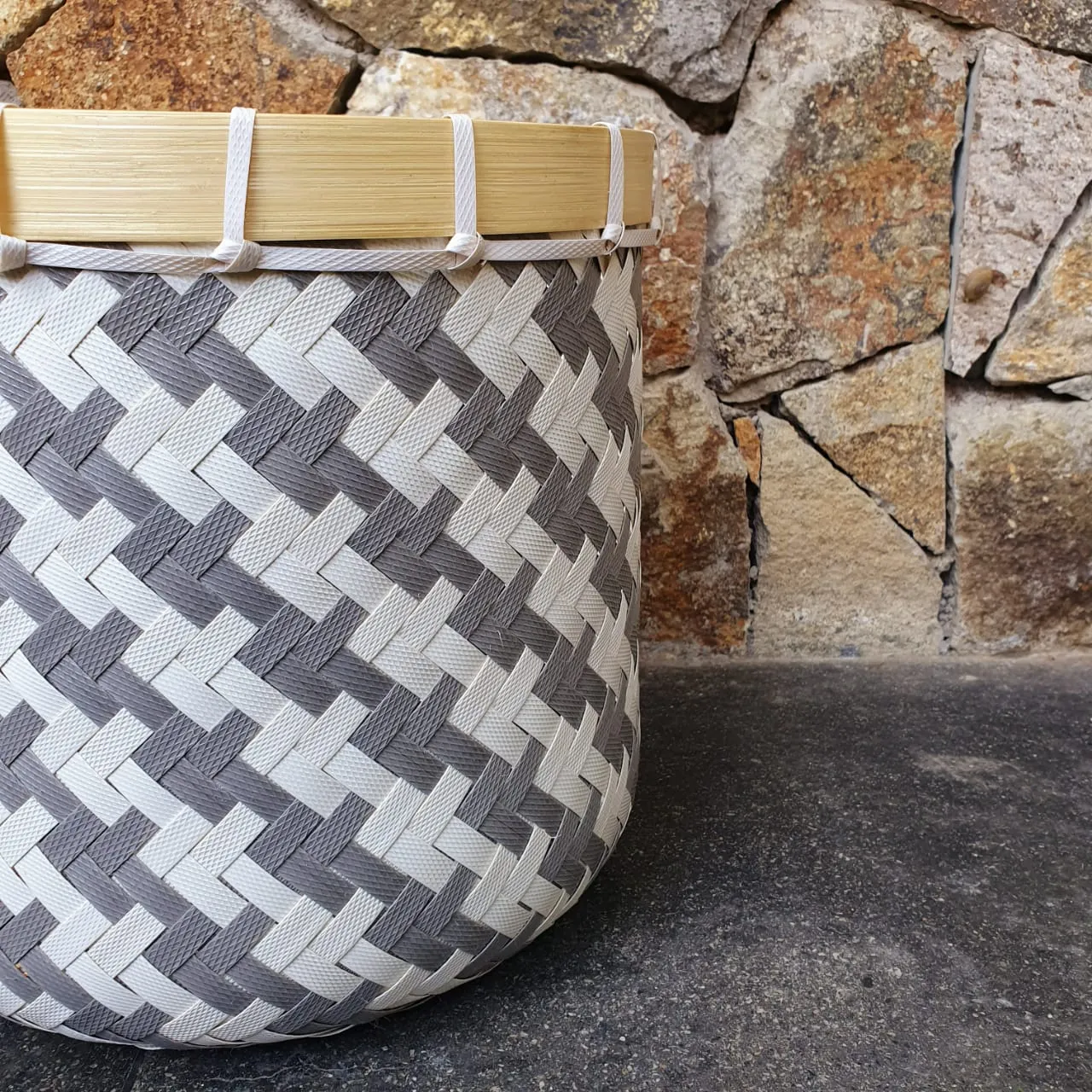 Round Grey and White Bamboo Baskets