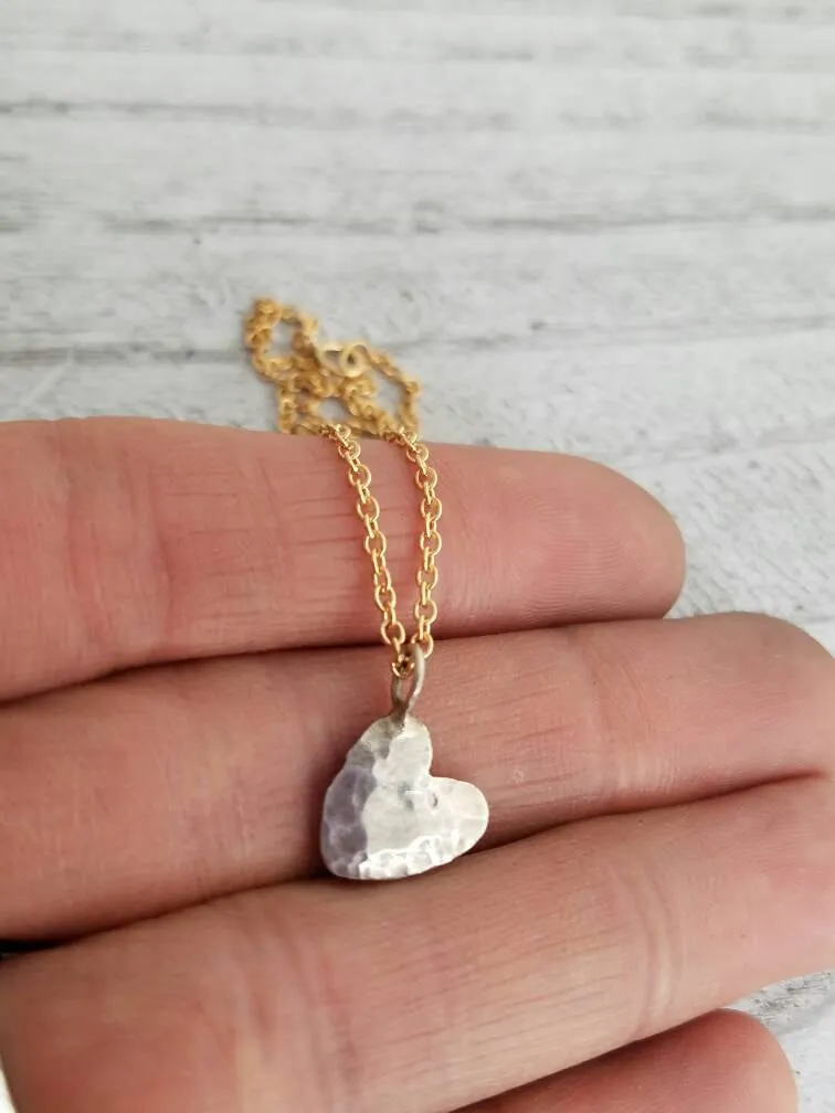 Rustic Silver Heart Love Charm Necklace on a Gold Filled Chain.  Valentines Day Gift.