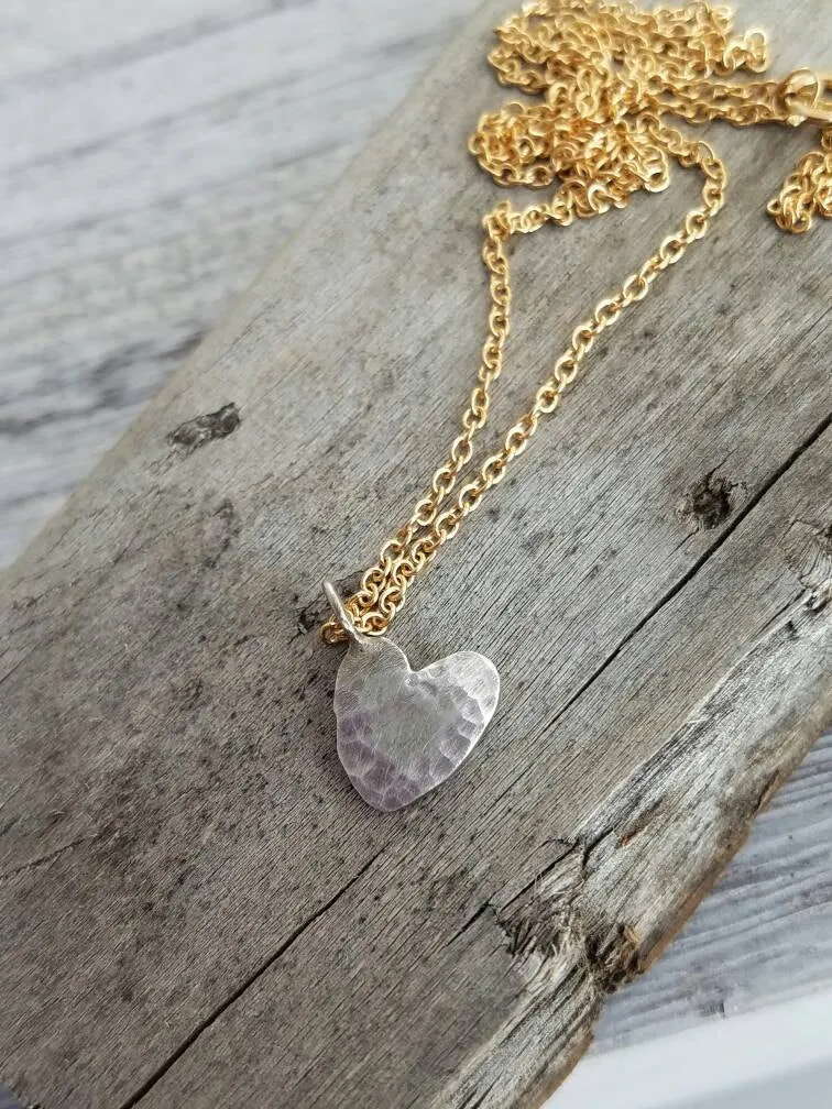 Rustic Silver Heart Love Charm Necklace on a Gold Filled Chain.  Valentines Day Gift.