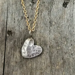 Rustic Silver Heart Love Charm Necklace on a Gold Filled Chain.  Valentines Day Gift.