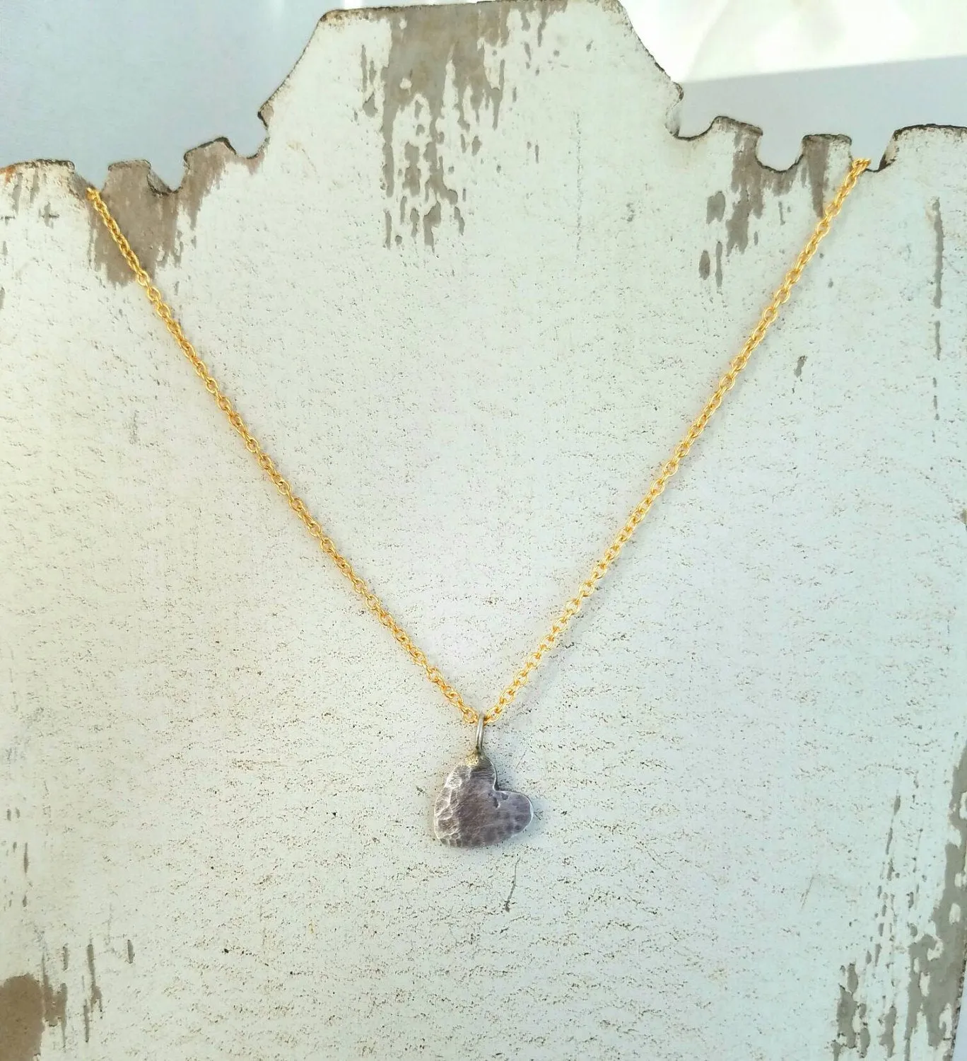 Rustic Silver Heart Love Charm Necklace on a Gold Filled Chain.  Valentines Day Gift.