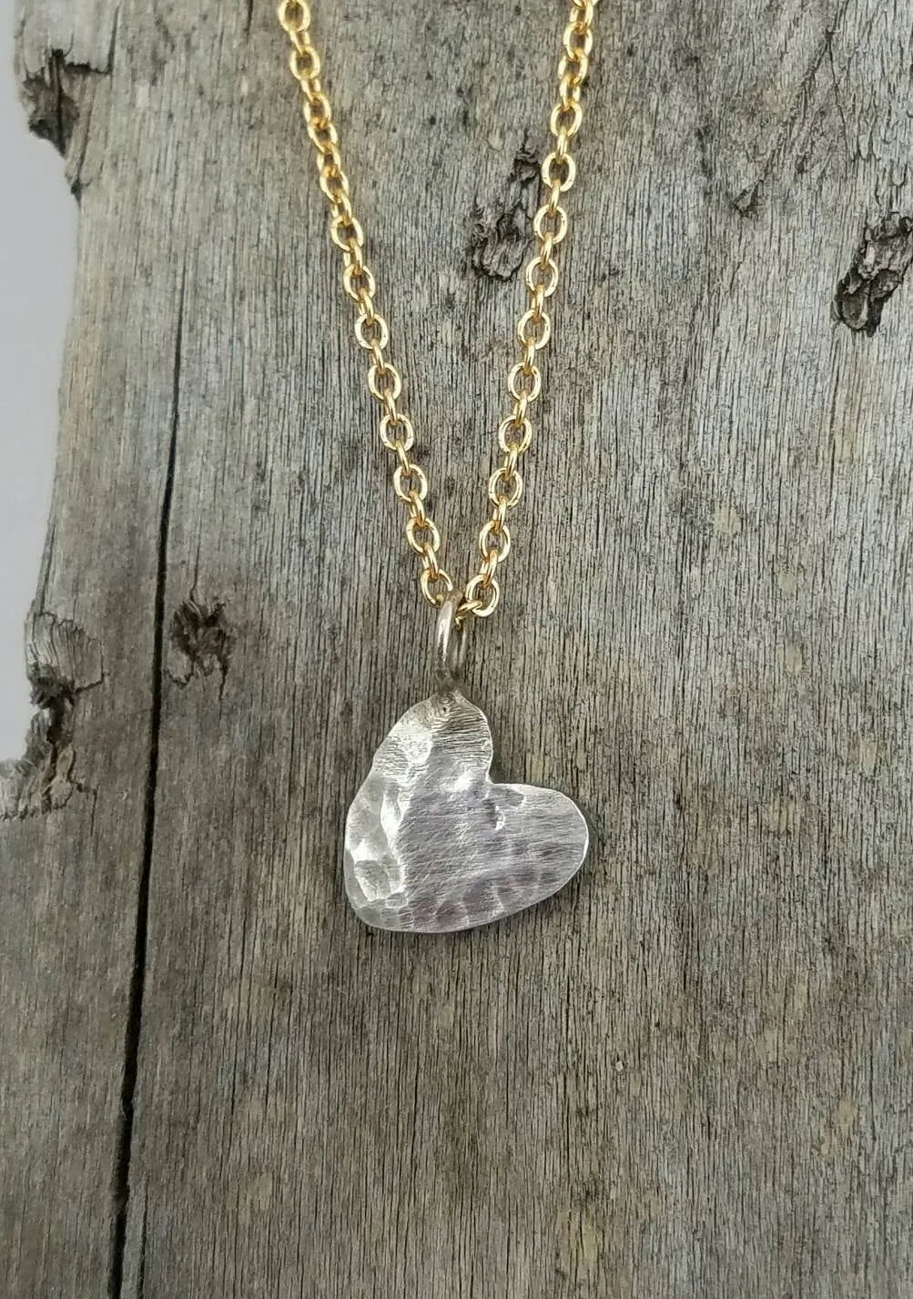 Rustic Silver Heart Love Charm Necklace on a Gold Filled Chain.  Valentines Day Gift.