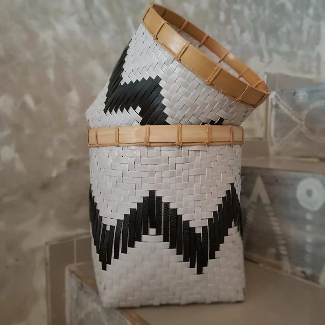 Set 2 Bamboo Black & White Synthetic Basket