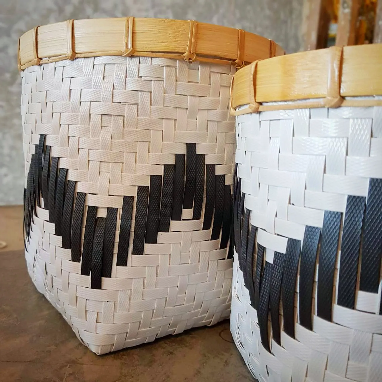 Set 2 Bamboo Black & White Synthetic Basket