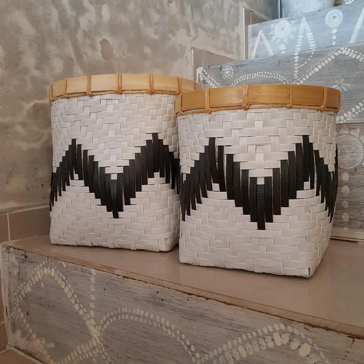 Set 2 Bamboo Black & White Synthetic Basket
