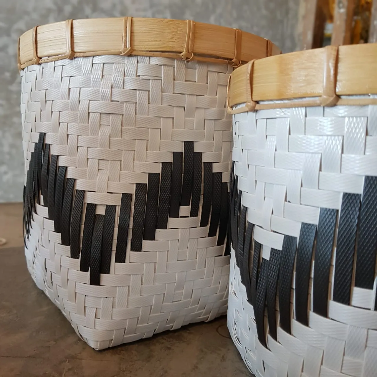 Set 2 Bamboo Black & White Synthetic Basket