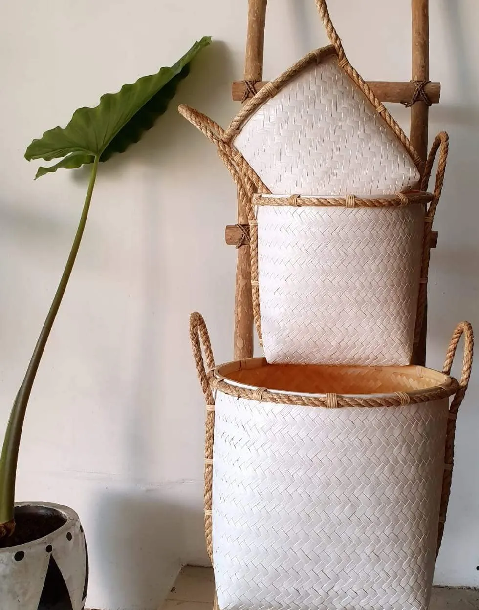 Tall White Bamboo Storage Basket Set