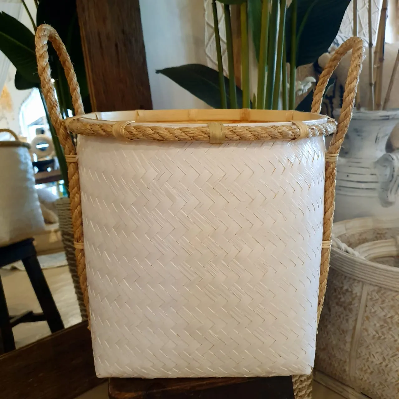 Tall White Bamboo Storage Basket Set