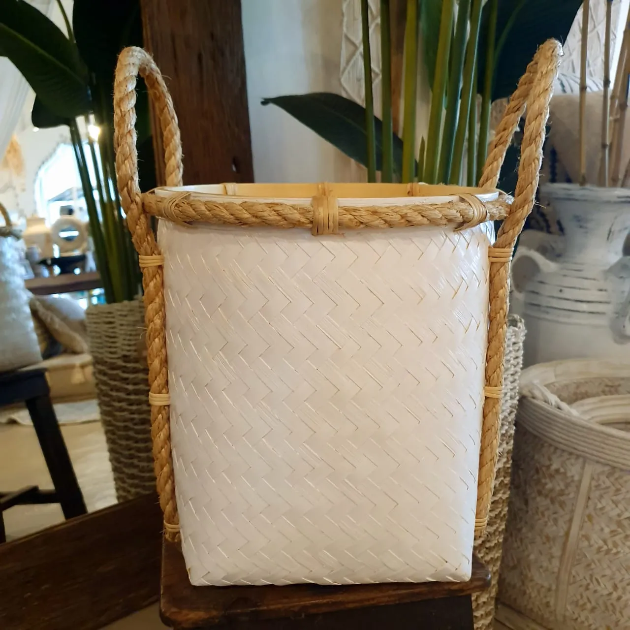 Tall White Bamboo Storage Basket Set