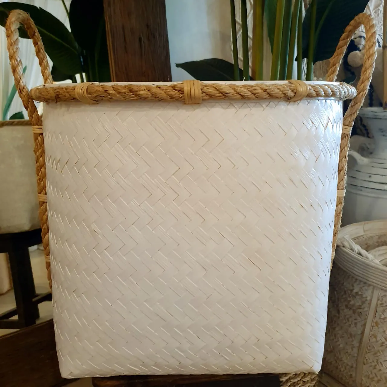 Tall White Bamboo Storage Basket Set