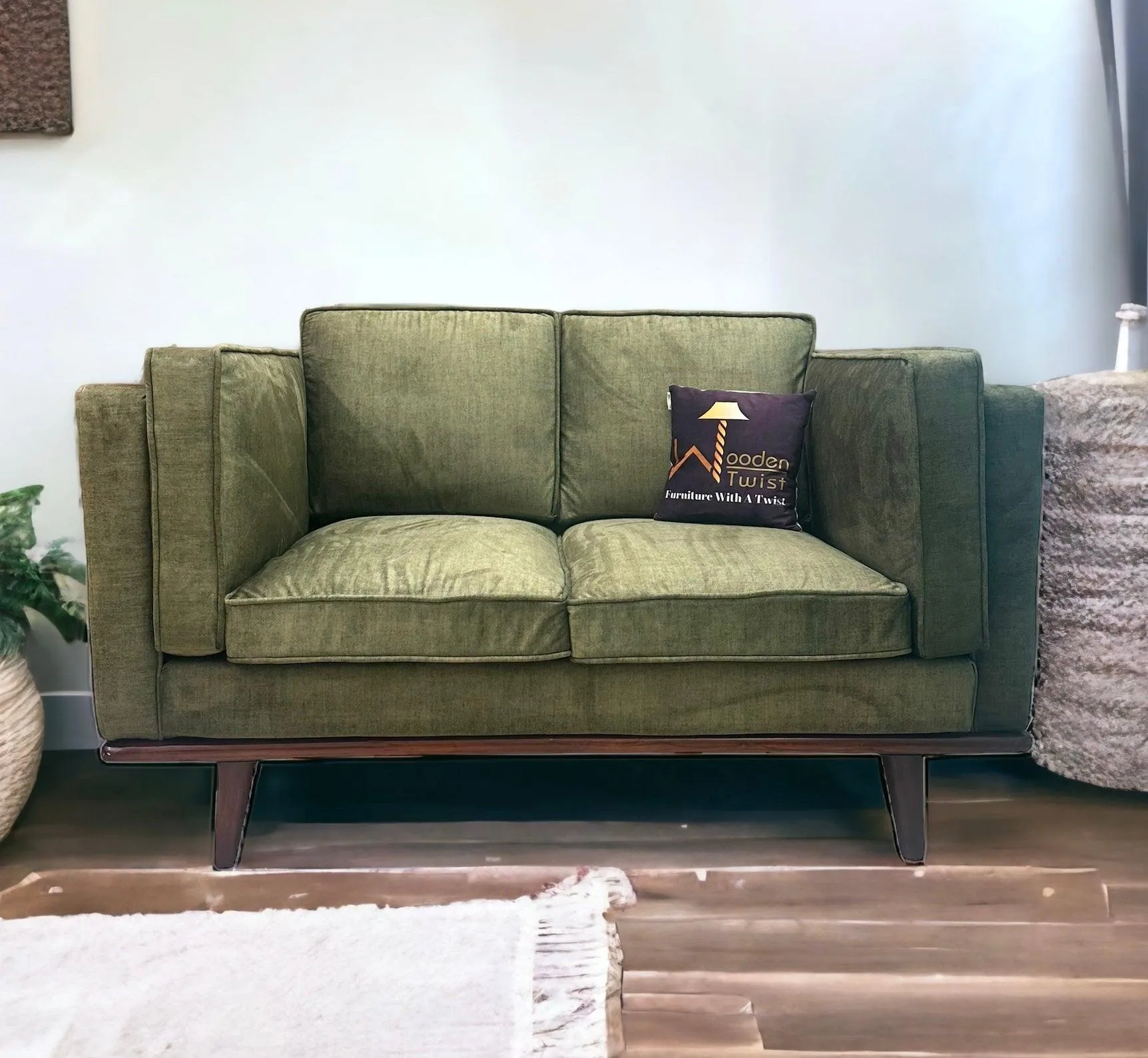 Wooden Twist Stylish Rectangular Modern 3 Seater Sofa ( Green )
