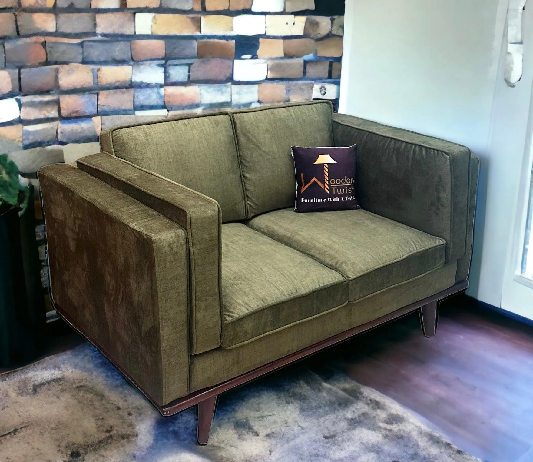 Wooden Twist Stylish Rectangular Modern 3 Seater Sofa ( Green )
