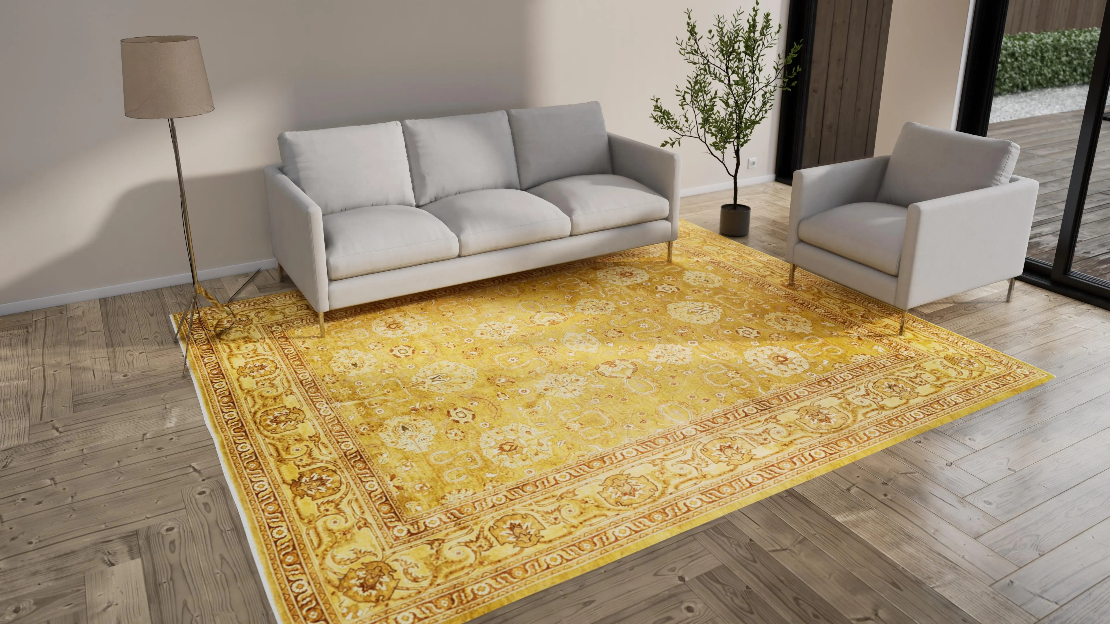 Yellow Traditional Wool Rug - 9' x 11'1